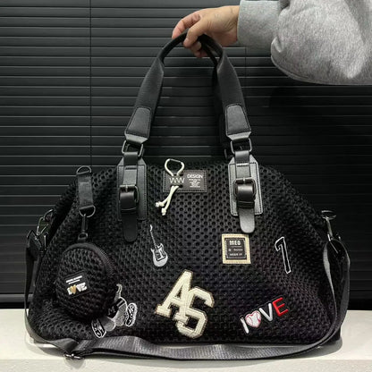 Fashionable women's mesh nylon adhesive tote bag, large capacity splicing shoulder bag, short distance travel casual handbag