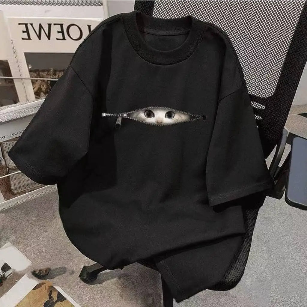 2026 New Street Cartoon Chain Cat Graphic Print Plus Size Men's and Women's Cotton Short Sleeve Loose Crew Neck T-Shirts