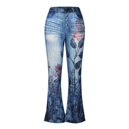 Women's Y2K Vintage Denim Long Pants Floral Print Four Button Front High Waist Flared Jeans Trousers with 2 Pockets