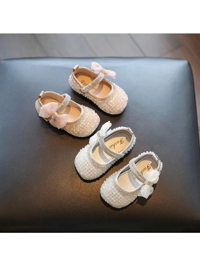 Girls Walking Shoes Lace Mesh Bows Kids Princess Shoes Non-slip Shiny Sequins 2025 New Children Flat Shoes Soft Sole Non-slip