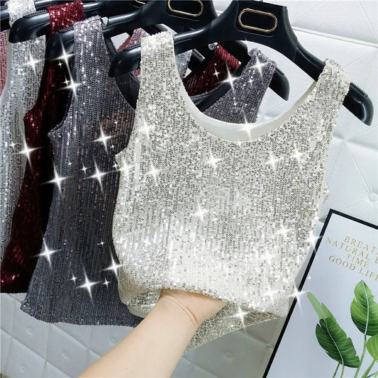 Sparkling Sequins Round Neck Vest Women's Outer Wear 2022 Summer New Bright Silk Fashion Glitter Bottoming Shirt Suspender Top