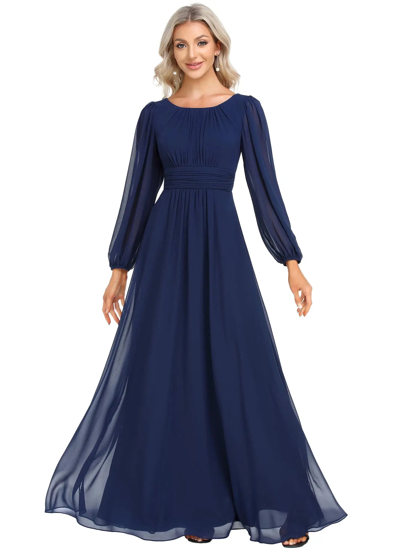 Women's Crewneck Lantern Sleeves Bridesmaid Dresses For Wedding Flowy A-Line Pleated Floor Length Chiffon Formal Evening Dresses