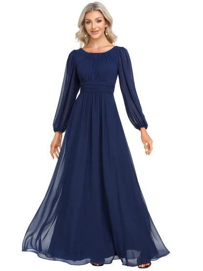 Women's Crewneck Lantern Sleeves Bridesmaid Dresses For Wedding Flowy A-Line Pleated Floor Length Chiffon Formal Evening Dresses