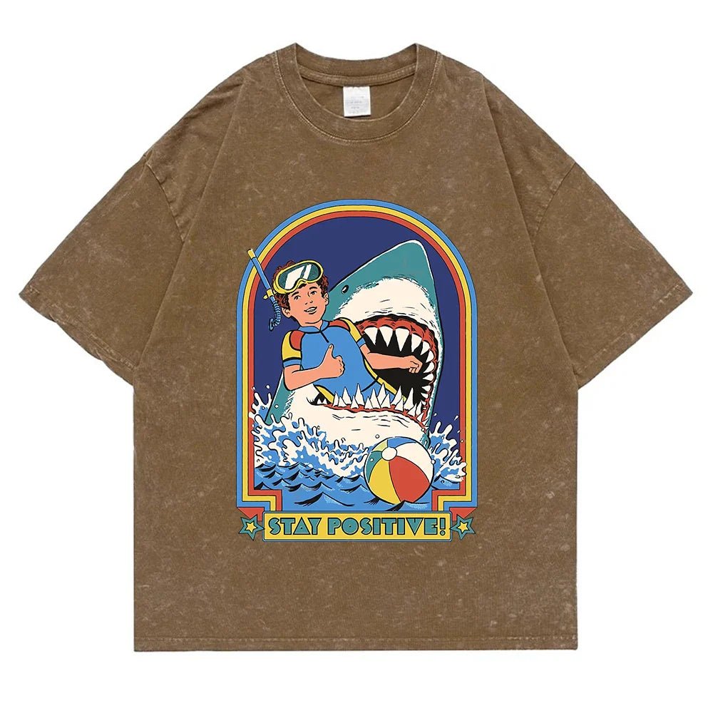Stay Positive Printing Washed Retro Snow Mens T-Shirt Cotton Loose Tees Cotton Oversize Streetwear Breathable Tshirt Couple