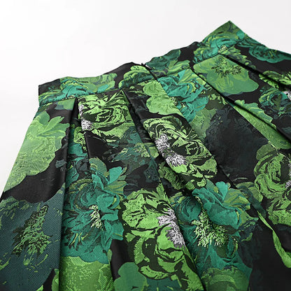 High Quality Elegant Lady Hepburn Style Mid-long Puff Skirt All-match Spring Autumn High Waist Green Jacquard Women A-line Skirt