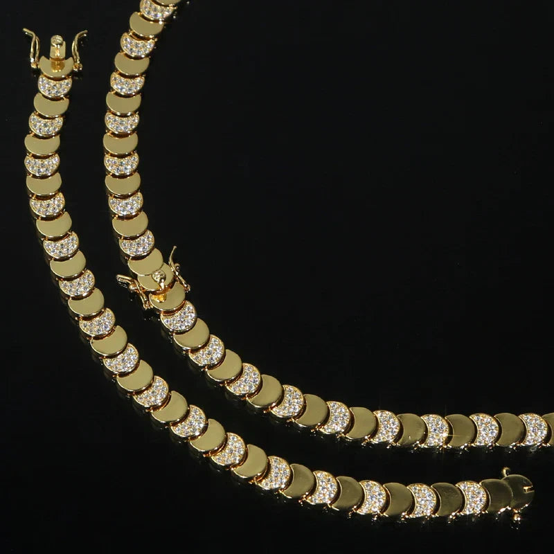 Gold Color Fashion Women Jewelry Set Geometric Shiny Plain Paved 5A CZ Moon Shaped Chain Choker Necklace Bracelet