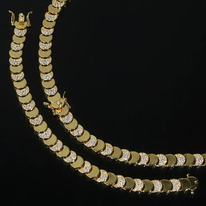 Gold Color Fashion Women Jewelry Set Geometric Shiny Plain Paved 5A CZ Moon Shaped Chain Choker Necklace Bracelet