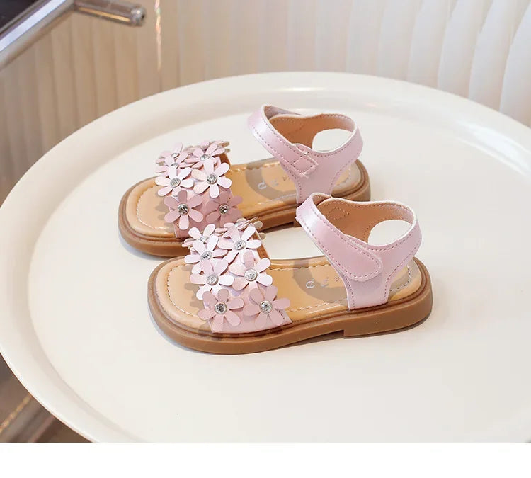 Little Girls Floral Bohemian Sandals with Beads Princess Sweet Kids Summer Shoes Open Toes Anti-skid Size 22-31Hook & Loop Cute