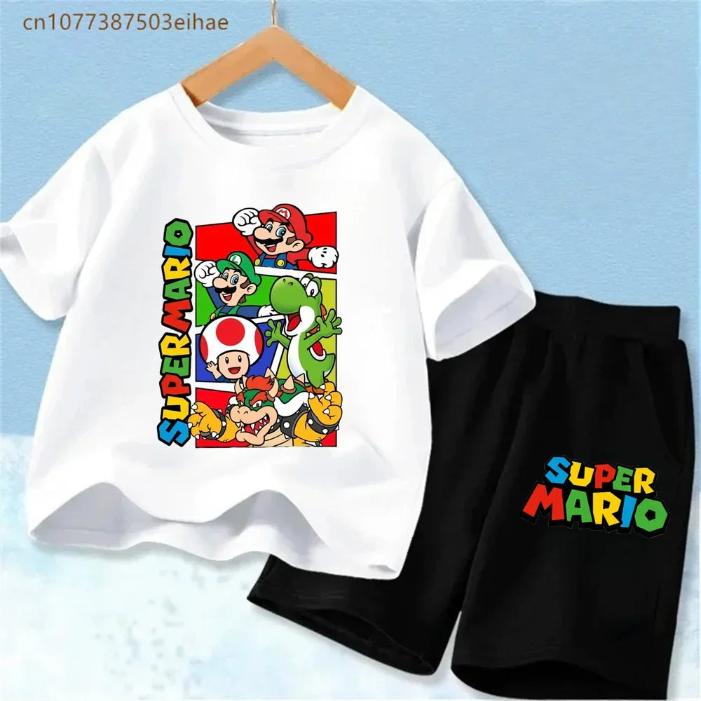 Lovely Mario Pattern Boys Girls Clothing Sets Soft Cotton Short Sleeve T Shirt + Casual Shorts 2PCS Summer Daily Wear Outfits