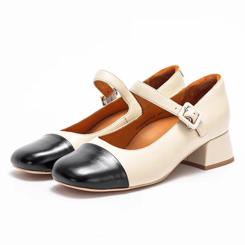 Women's High Heels New High Quality Sheep Leather Women's Shoes Simple Beige Mary Jane Shoes Comfortable