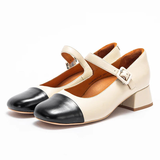 Women's High Heels New High Quality Sheep Leather Women's Shoes Simple Beige Mary Jane Shoes Comfortable