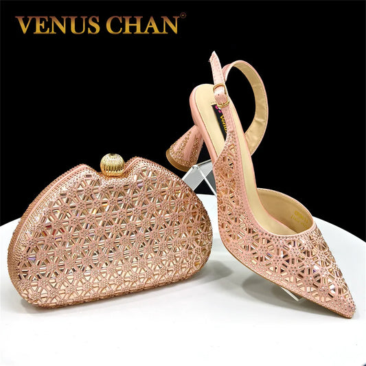 Elegant Champagne Color Pointed-Toe Italian Women's High-Heeled Shoe and Bag Set with Full Diamond Design for Parties