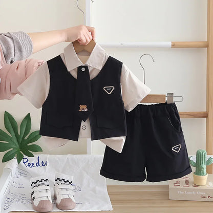 Children Summer Baby Boys Gentleman Clothes Suit Casual Tie T-Shirt Shorts 2Pcs/Sets Infant Kids Casual Clothing Outfits 1-5year