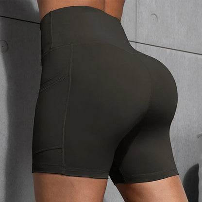 Women Shorts with Pockets Sexy Butt Lifting Fitness Cycling Tights Slim Solid Color High Waist Sports Shorts Casual Fashion Wear