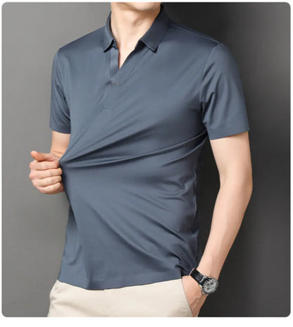 2024 High-quality Elastic Stretch POLO, Business Casual Men's Short-sleeved Shirt, Seamless V-neck M-4XL Men's Polo Shirt