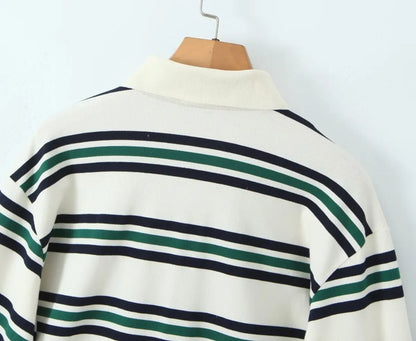 2025 Summer Ladies Polo Shirts Woman Long Sleeve Crop Top Striped Vintage Clothes Polo Shirts Mujer Streetwear Casual Tops Brown