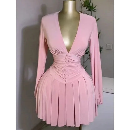 Women's Party Mini Dress 2025 Spring/summer Latest Casual Sexy Plunge Ruched Lantern Sleeve Button Daily A Line Short Skirt