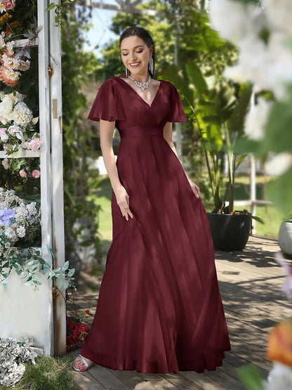 Empire Evening Dresses Cross V-Neck Tulle Short Sleeve Sashes Wedding Dress Sexy Backless Women's Formal Party Gowns