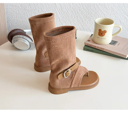 Summer Princess Long Pipe Boots Roman Sandals for Kids Girl Brand Design Ankle Strape Stretch-Satin Flip Flop Girls Shoes I06242