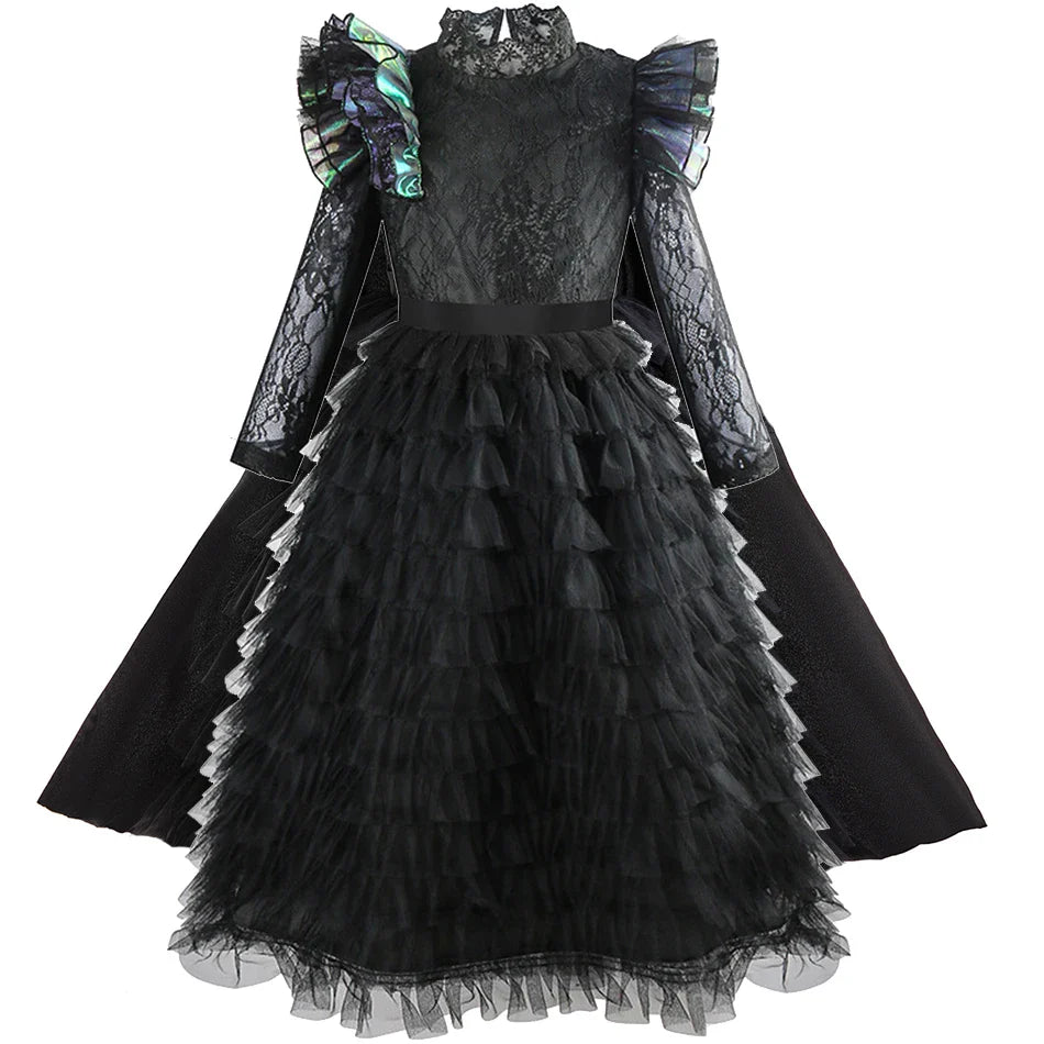Halloween Witch Elphaba Costume Kids Purim Fantasy Outfits Girls Fancy Sets Children Long Sleeve Lace Ruffles Black Party Gown