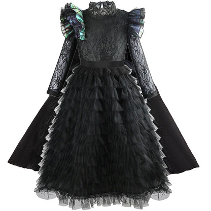 Halloween Witch Elphaba Costume Kids Purim Fantasy Outfits Girls Fancy Sets Children Long Sleeve Lace Ruffles Black Party Gown