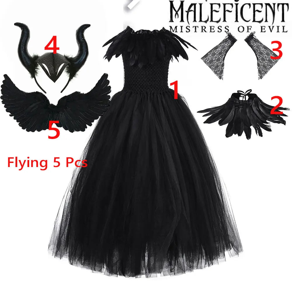 2-10Yrs Maleficent Girl Evil Queen Black Tutu Dress with Feather Scarf Halloween 2026 Villain Party Gothic Costume Gown Vestidos
