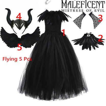 2-10Yrs Maleficent Girl Evil Queen Black Tutu Dress with Feather Scarf Halloween 2026 Villain Party Gothic Costume Gown Vestidos