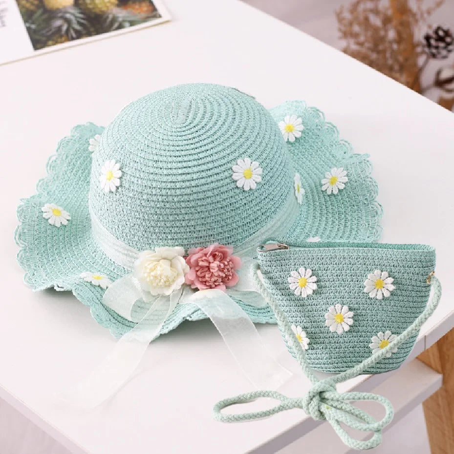 little girls summer straw sun hats and straw shoulder bags