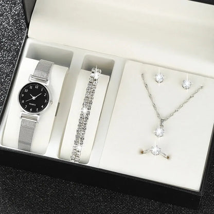 7pcs Women's Watch Fashion Casual Round Pointer Quartz Watch and Necklace Bracelet Ring Earring Set