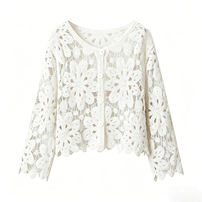 Long Sleeve Crochet Knit Top Beach Bikini Cover Up Button-up Cardigan Blouse Women blusas para mujer Vacation Boho Outfit
