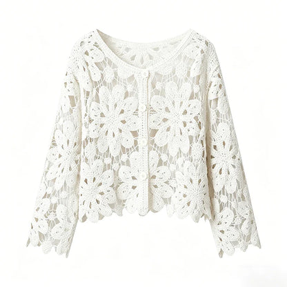 Long Sleeve Crochet Knit Top Beach Bikini Cover Up Button-up Cardigan Blouse Women blusas para mujer Vacation Boho Outfit