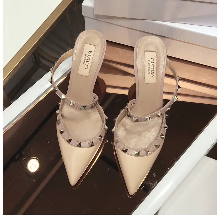 2025 New Genuine Leather Gladiator Pumps Sandals Luxury Metal Rivets Summer Women Outdoor Slippers Black Fashion High Heels 41
