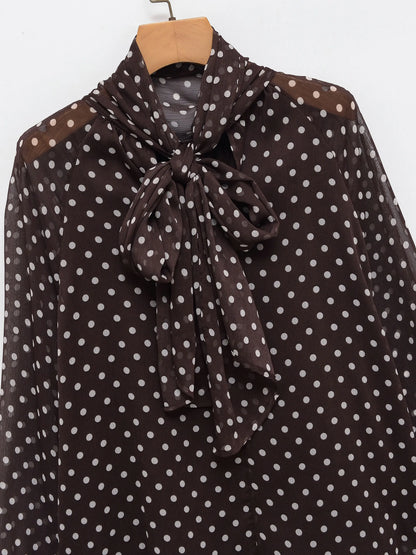 Women 2026 Trend Polka Dot Print Blouse Bow Scarf Collar Long Sleeve Shirt Female Fashion High Street Lady Chic Thin Tops