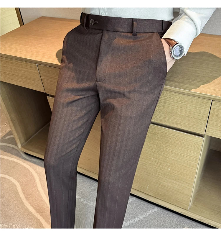 Men's Wool Blend Dress Pants, Elastic Waist Business Trousers, Tapered Slim Fit, Charcoal Gray Black Navy