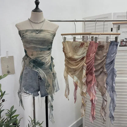 Tie Dye Summer Tops for Women Y2K Strapless Sleeveless Asymmetrical Ruffle Fishtail Ruched Stretch Mesh Vintage Clothes