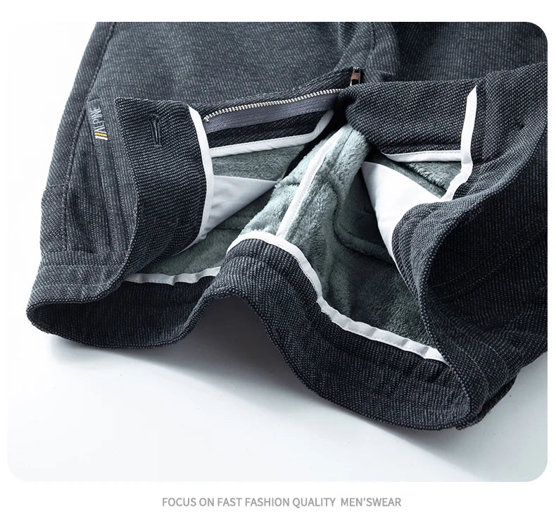 Men's Winter Casual Pants Thick Fleece Warm Elastic Waist Straight Slim Trousers Light Business Comfort Daily Wear Thermal Pants