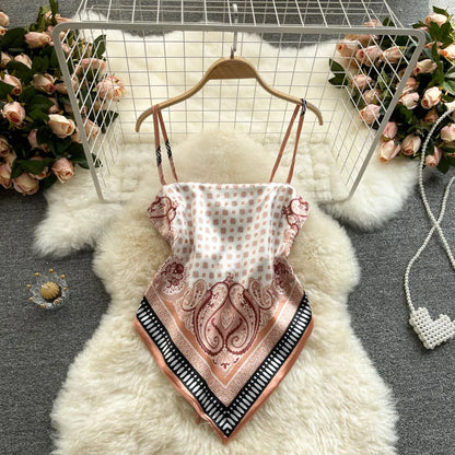 Women Sexy Backless asymmetrical lace-up Camis Print Tank Top Chic One-piece Corset Bustier Summer Beach vacation Crop Top