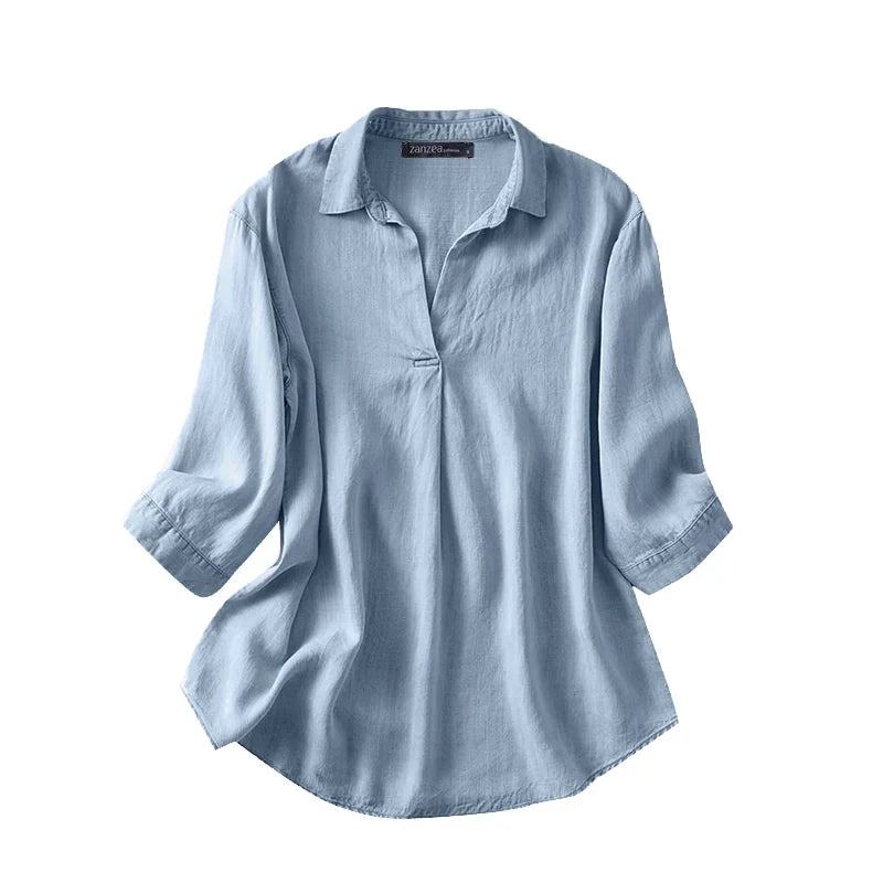 Women Summer V Neck 3/4 Sleeve Blouse Denim Blue Shirt Elegant Solid OL Work Tops Casual Loose Office Blusas Oversize