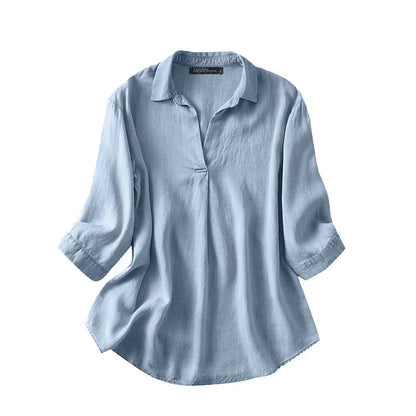 Women Summer V Neck 3/4 Sleeve Blouse Denim Blue Shirt Elegant Solid OL Work Tops Casual Loose Office Blusas Oversize