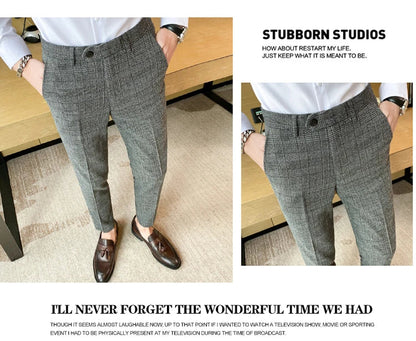 Boutique Classic Plaid and Striped Fashion Men's Casual Business Slim Suit Pants Groom Wedding Dress Trousers Party