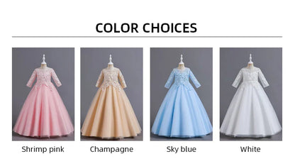 New Slim short sleeve fashion girls dress 3-12 years old Fluffy white wedding Sweet Princess dress lace