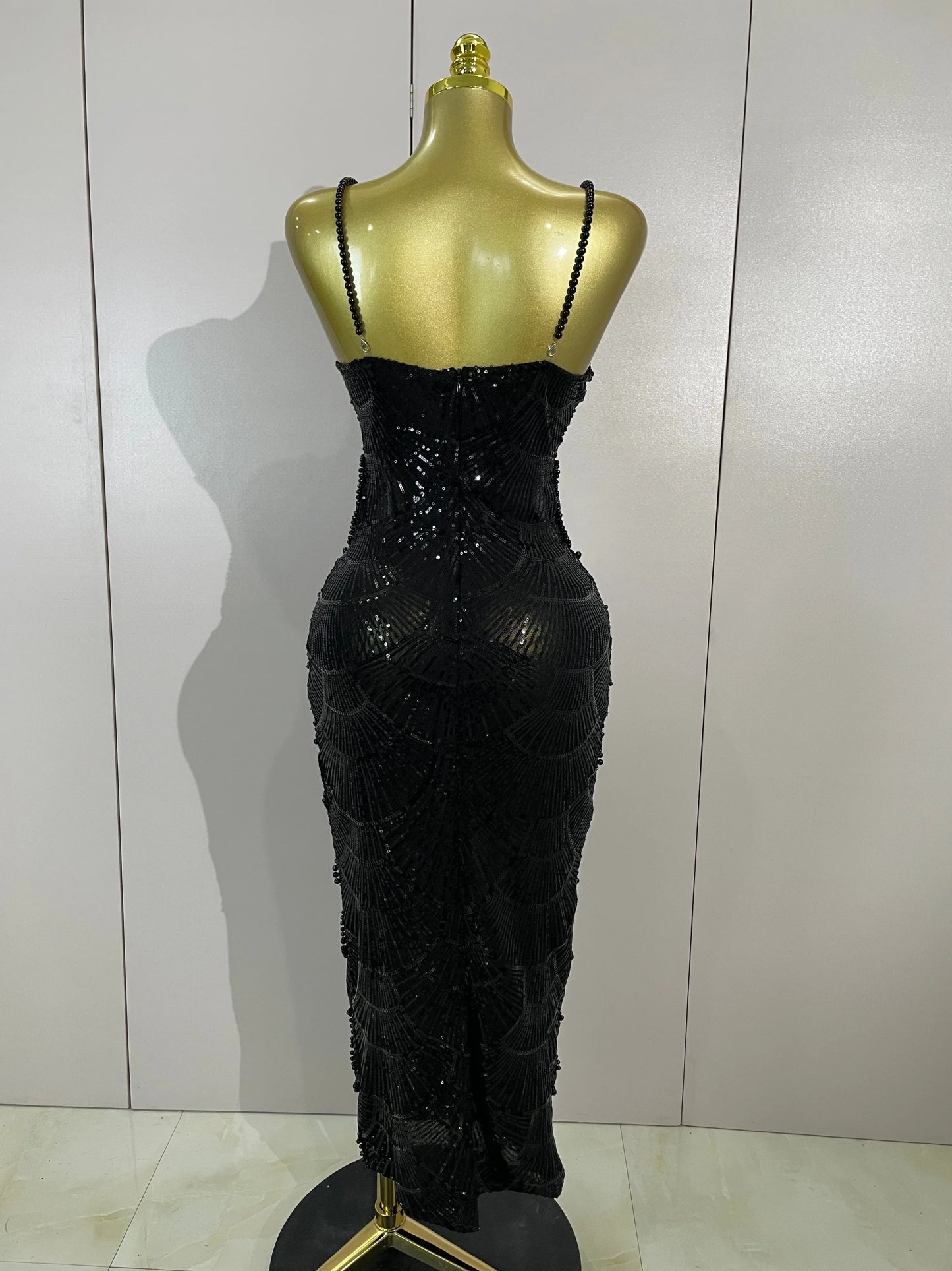 Women Hot Sale Sleeveless Sexy Strap Pearl Beading Sequins Bodycon Long Dress Celebrate Evening Party Birthday Outfit Vestido
