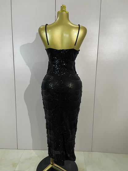 Women Hot Sale Sleeveless Sexy Strap Pearl Beading Sequins Bodycon Long Dress Celebrate Evening Party Birthday Outfit Vestido