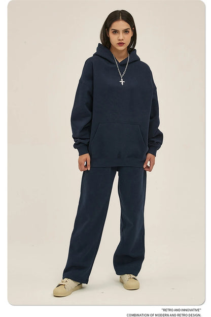 Thick 350gsm Fleece Hooded Hoodies For Men Unisex Winter Oversized Loose Basic Solid Sweatshirts Pullovers Coats HY0631