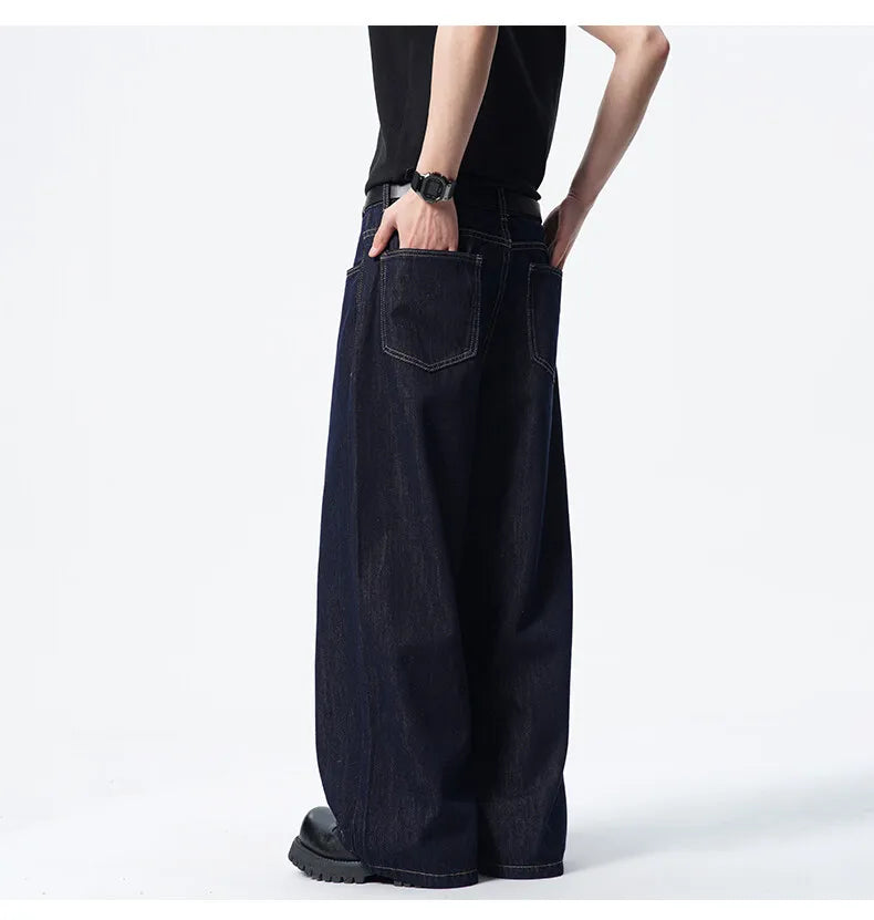 Calça Jeans Masculina Azul Escuro Solta Comprida Reta Clássica De Comprimento Do Chão Atacado Venda Quente Minimalista Casual Streetwear