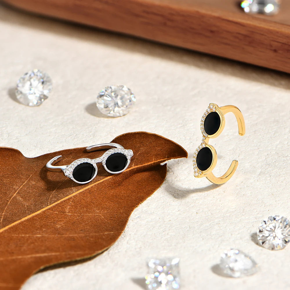 Cool Mini Glasses Moissanite Ring for Woman S925 Sterling Silver Adjustable Band Couple Open Rings Party Jewelry Gifts