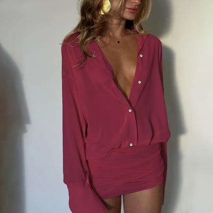 Fashion See Through Shirt Mini Dress Flare Sleeve Sexy Club Party Bandage Ruched Lapel Dresses Outfits Clothes