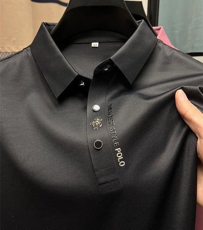 High quality ice silk breathable short sleeve T-shirt Men's 2023 Summer Fashion Embroidery Casual Elastic Comfort polo shirt