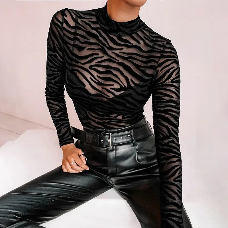 Black Striped Sexy Bodysuit Lingerie See Through Mesh Body Feminino Long Sleeve One-pieces Bustier Turtleneck Corset Tops Women