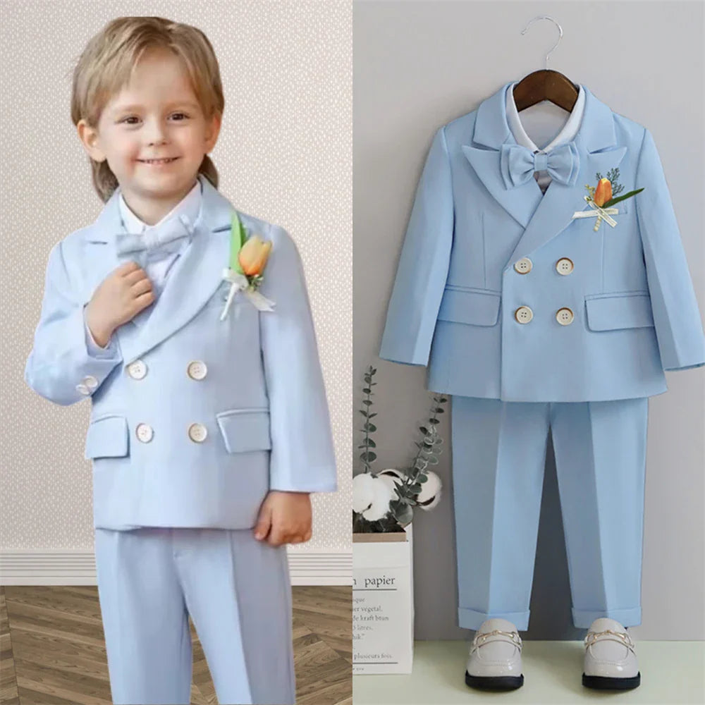Macaroon Colorful Toddler Suit Set Double Breasted Kids Suits Blazer Pants Bow-tie Brooch Boy's Formal Tuxedo Dresswear